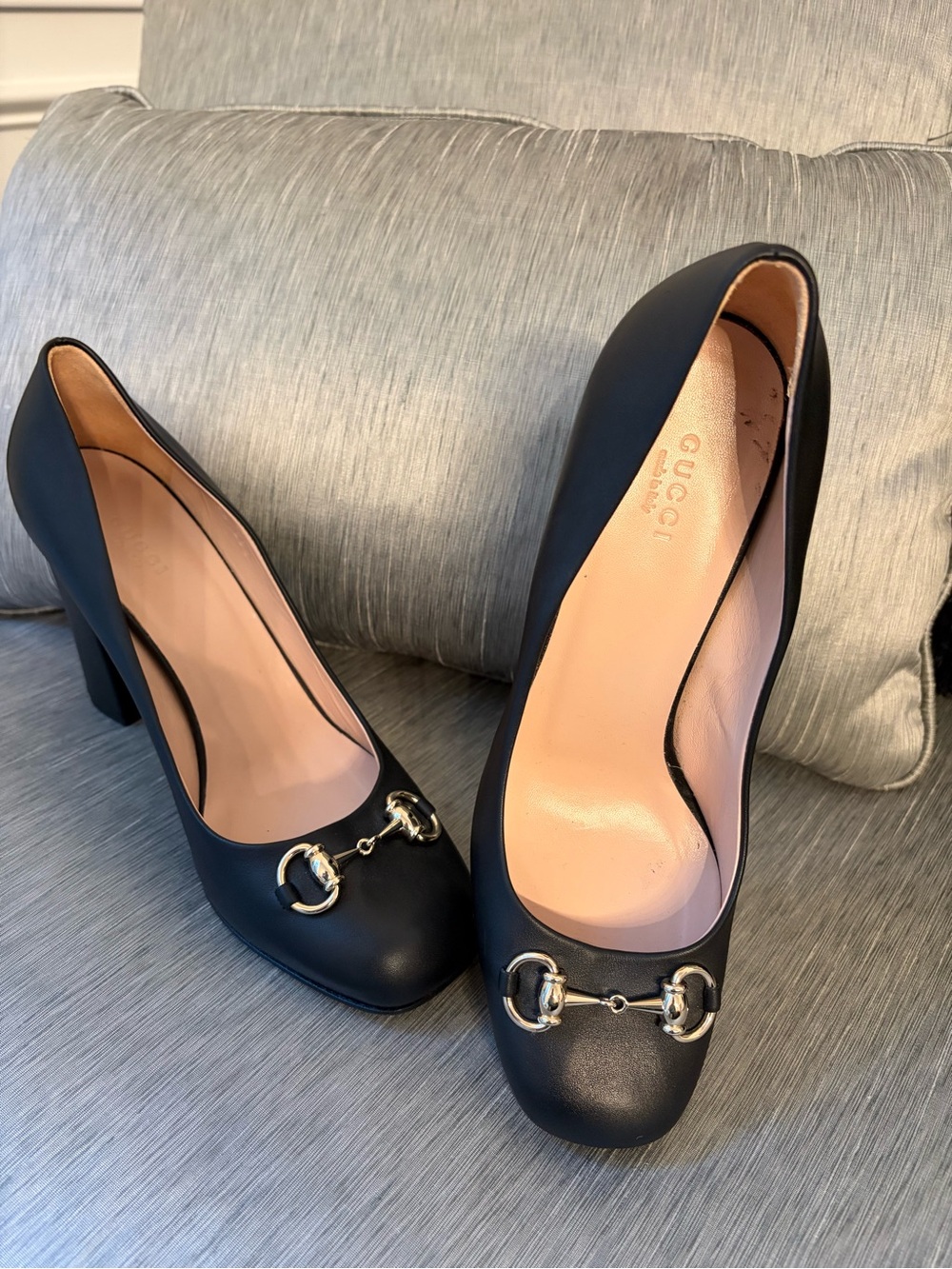 Gucci Horsebit Block Heel Black Leather Pumps 39.5 US Womenโs 9 Shoes